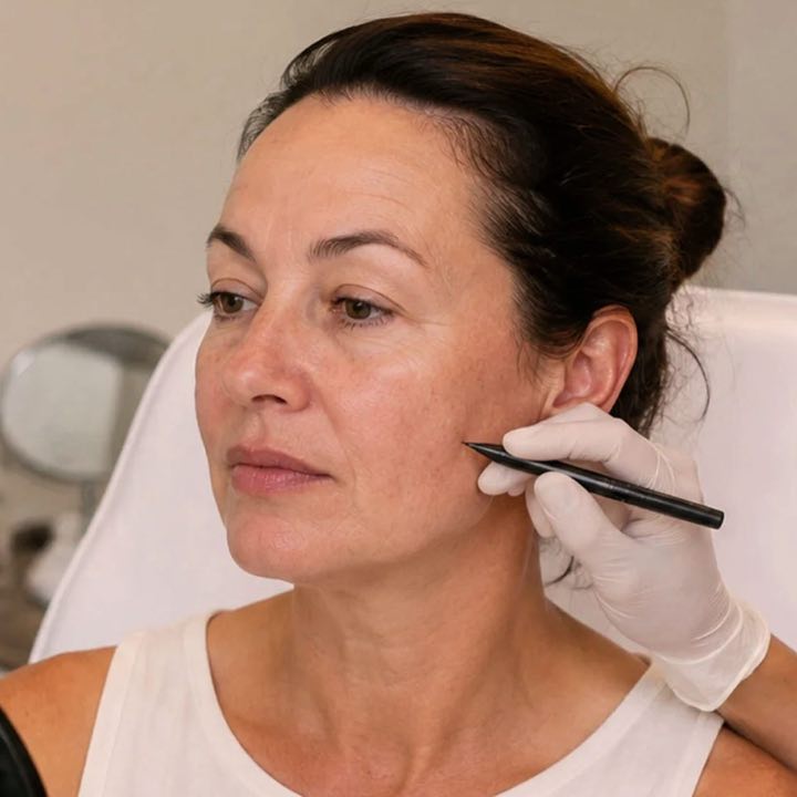 Illustrative photograph of a gloved hand holding a skin marker beside a woman’s cheek and ear