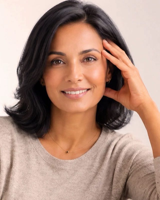 Woman with dark shoulder-length hair smiling softly, one hand resting at her temple
