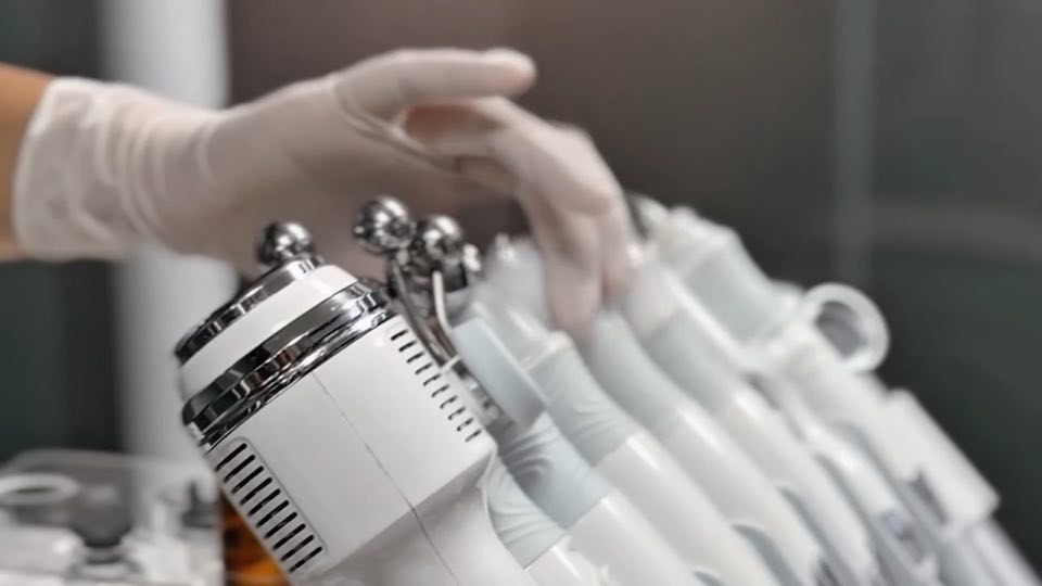 A gloved hand lifting a chrome handpiece from a rack of treatment device applicators