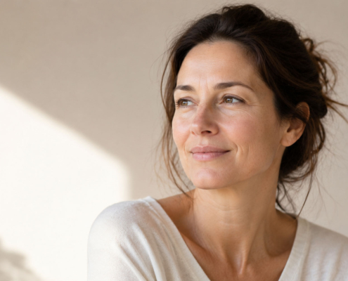 Natural woman with refreshed appearance after cheek and nasolabial fold filler treatment